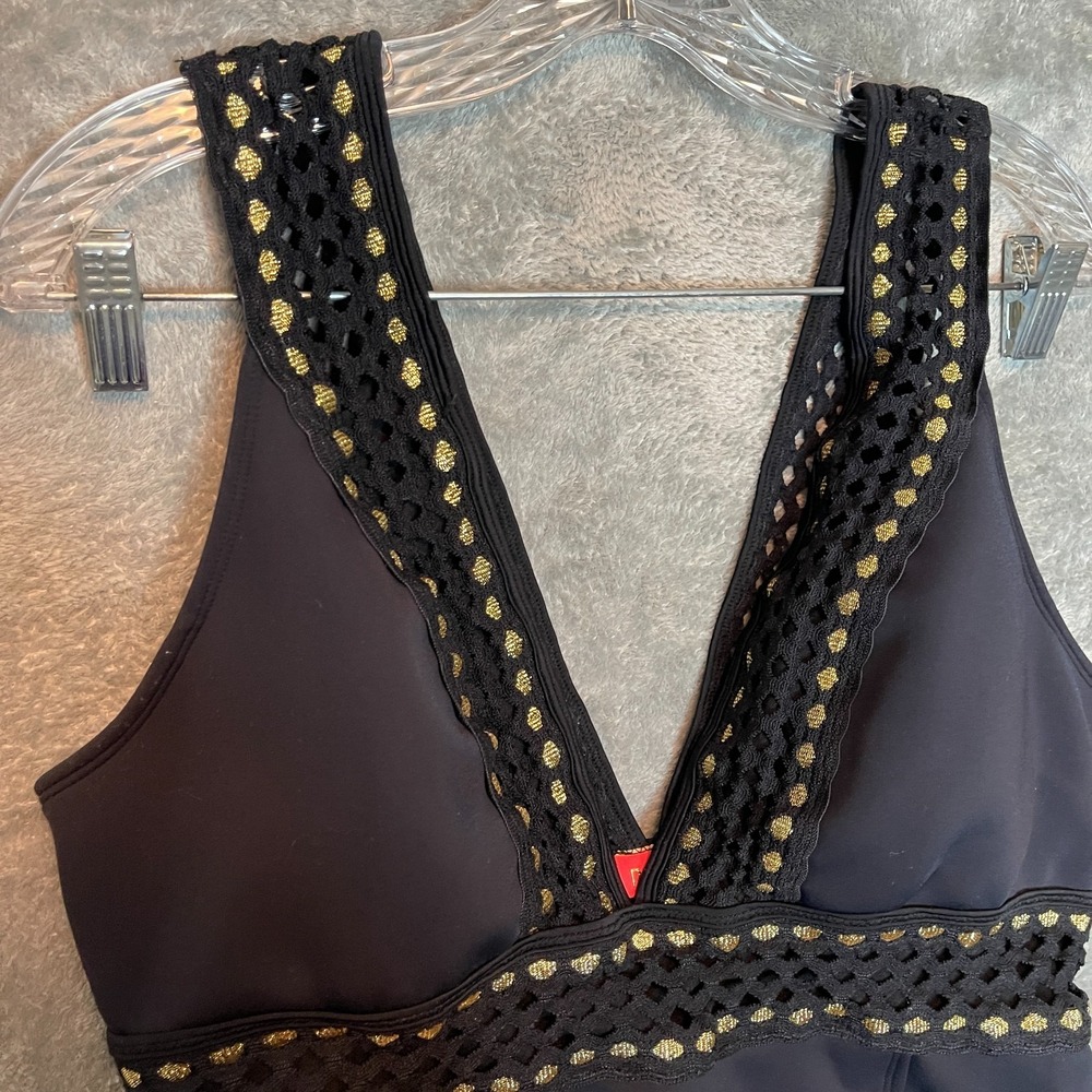 River Island Women Black Gold Mesh Plunge Scuba Padded One Piece Swimsuit 10*